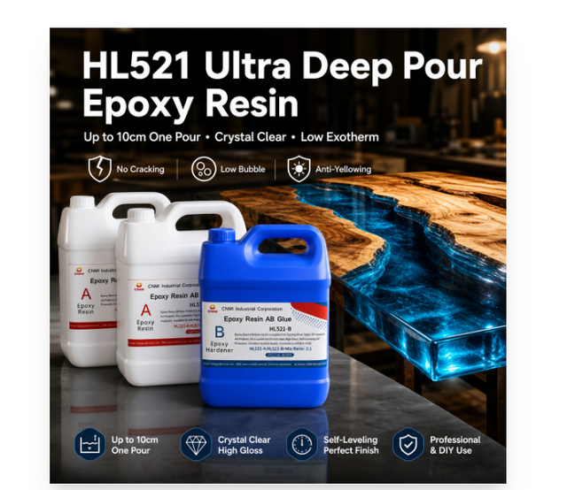R&eacute;sine &eacute;poxy &agrave; coul&eacute;e profonde HL521, rapport 2:1, r&eacute;sine de moulage transparente pour table et meubles de rivi&egrave;re